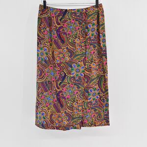 Vtg CAPPAGALLO Skirt Size 10 Floral Paisley 100% Silk Midi Faux Wrap Retro Jewel